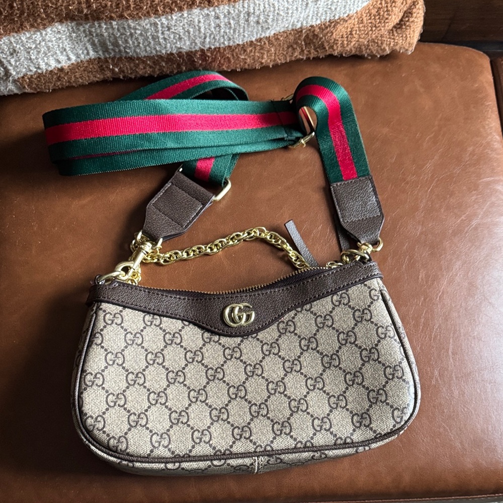 Brown GG Canvas Shoulder Bag with Green and Red Web Strap